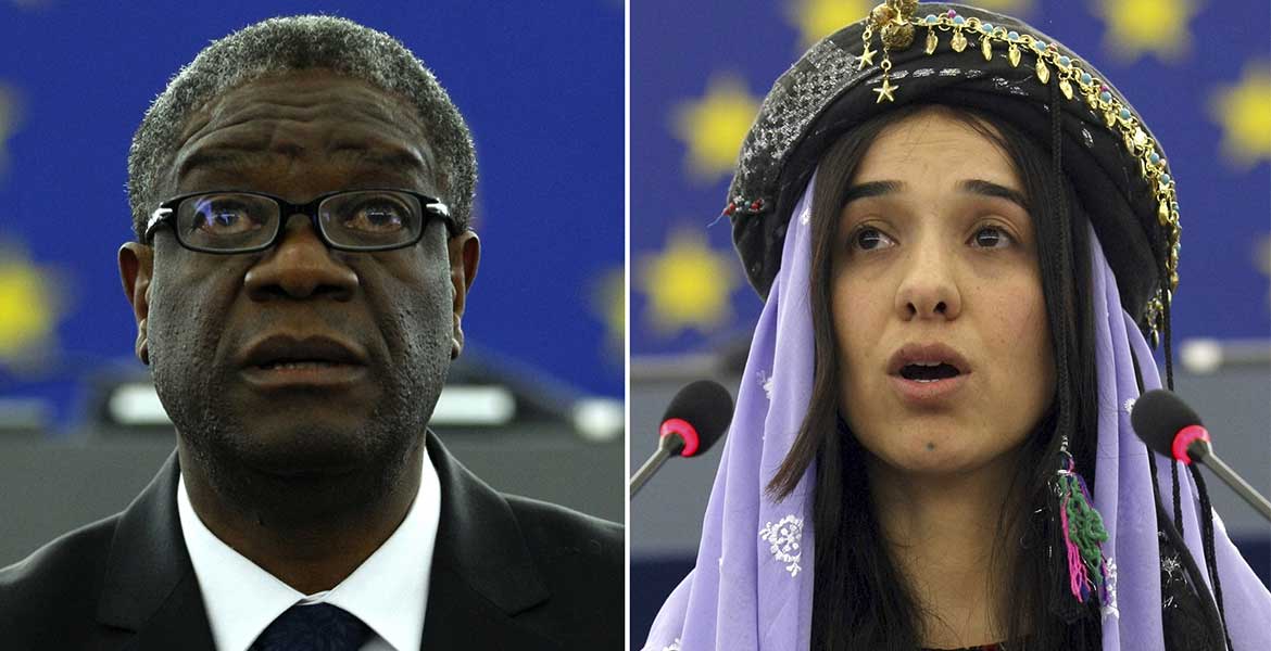 Die Bildkollage zeigt links den Friedensnobelpreisträger aus dem Jahr 2018: links Denis Mukwege aus dem Kongo und rechts die Jesidin Nadia Murad.