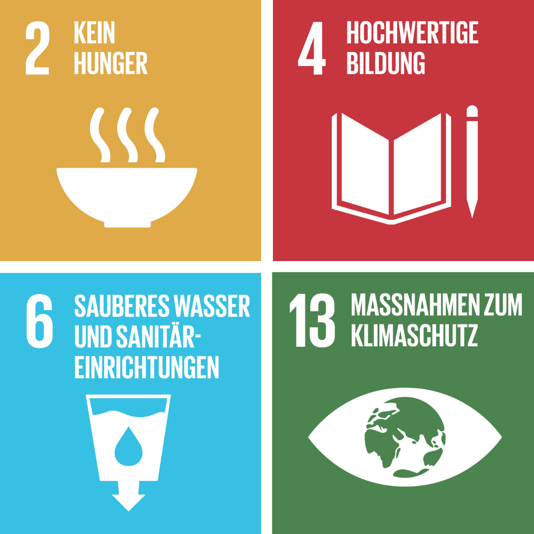 Symbolhaft sind vier Nachhaltigkeitsziele (SDG) der UN dargestellt: Kein Hunger, Hochwertige Bildung, Sauberes Wasser und Maßnahmen zum Klimaschutz